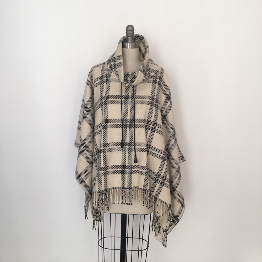Ann Taylor Cowl Neck Poncho Cream/Black w/ fringe